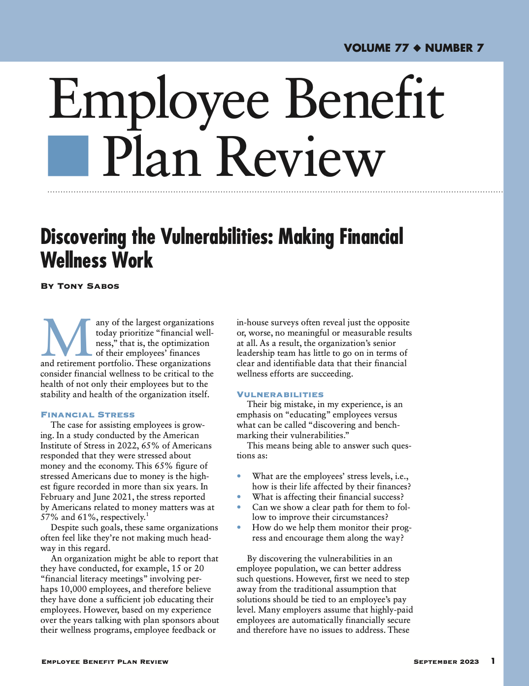Employee Benefit Plan Review Article Cover